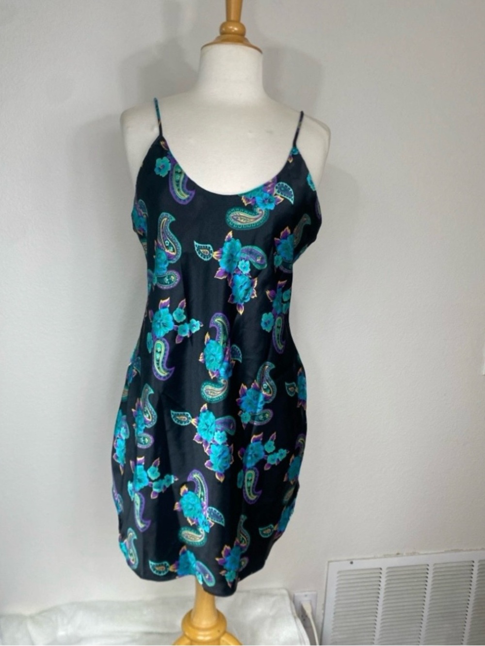 Vintage Women's Circa 2000 Black Turquoise Floral Mini Chemise Dress Boho Size L
